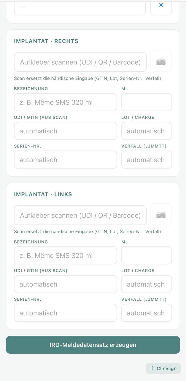 Clinisign — IRD-Meldedatensatz für das Implantateregister